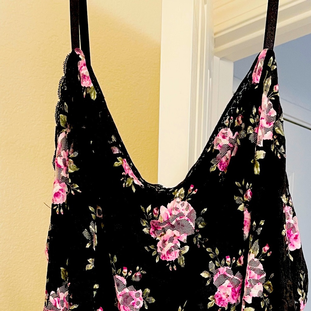 Lace, black floral, spaghetti strap midi dress.